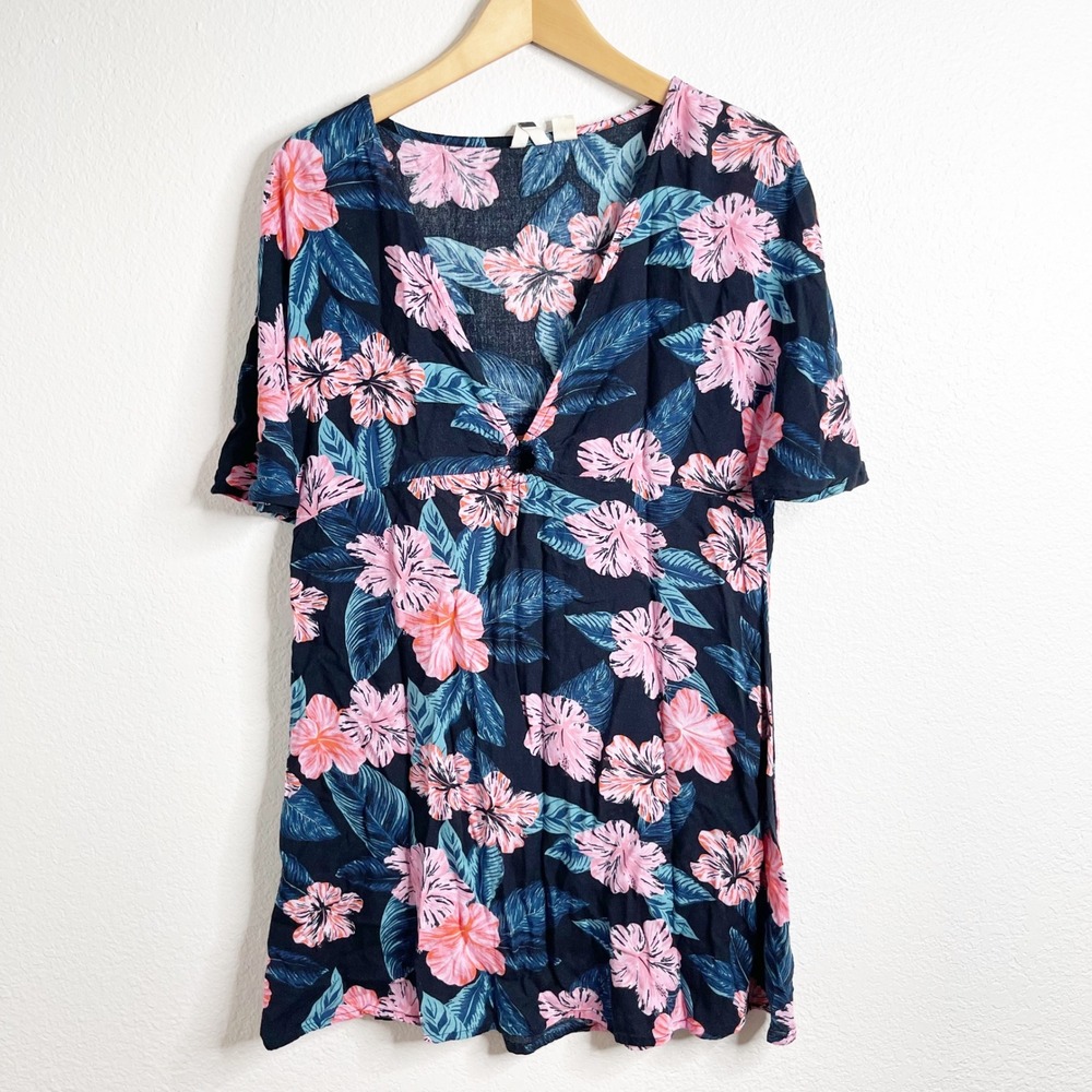 Roxy Women Tropical Hibiscus Floral V-Neck Keyhole Mini Dress Black‎ Pink M